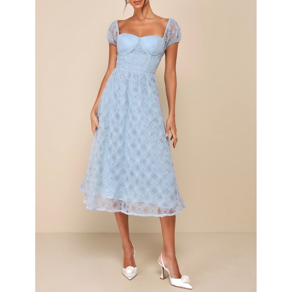Lulus Exceedingly Elegant Blue Floral Applique Bustier Midi Dress XS 2840 - Picture 3 of 9